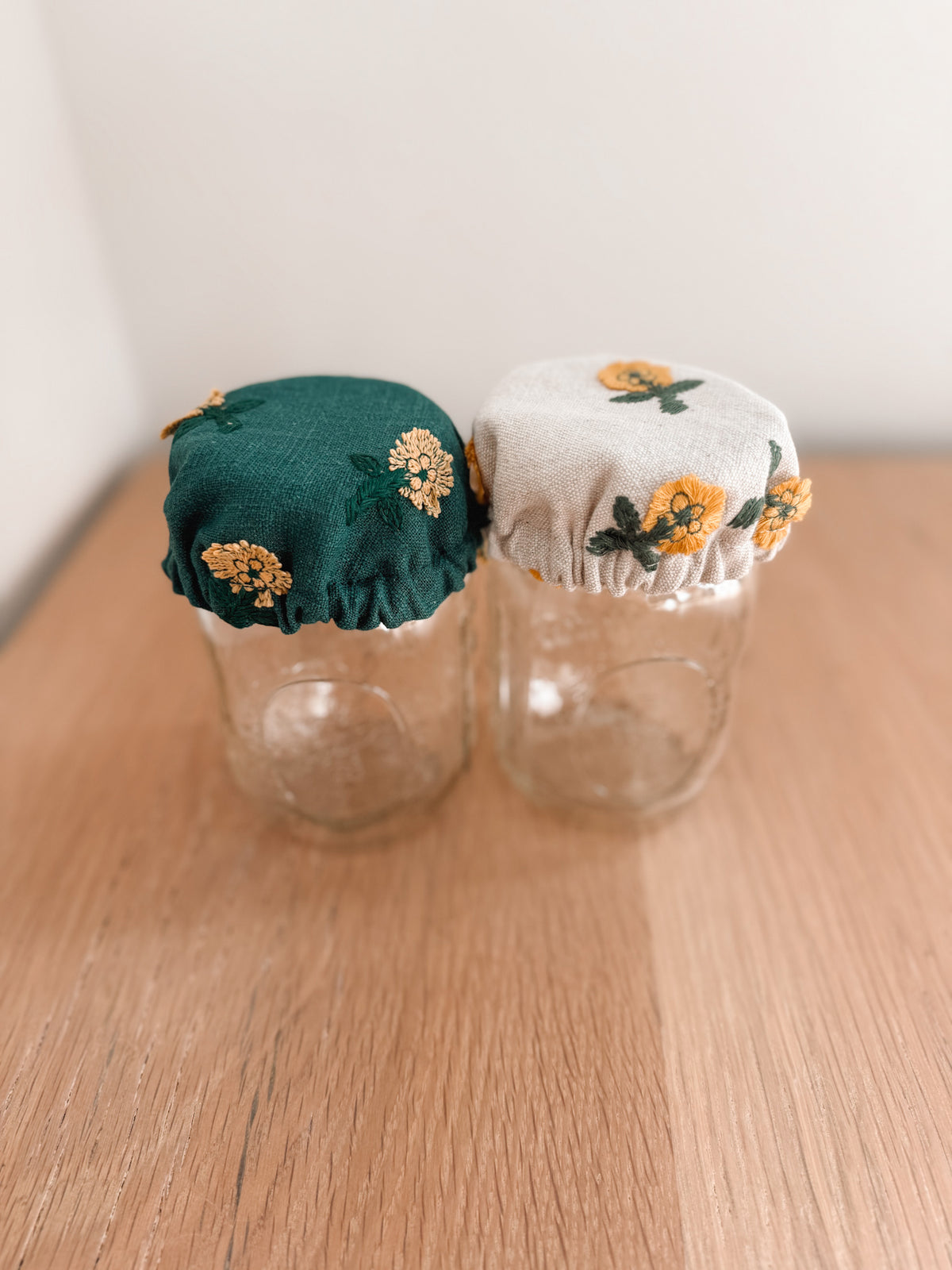 2 Pack - Beige & Green Floral Embroidered Jar Covers (4in)